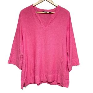 Land's‎ End Womens Tunic Blouse Size L Hot Pink Linen Blend 3/4 Sleeve Resort